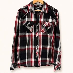 BKE Buckle Mens Medium Red Black Plaid Western Button Front Shirt Ranch Workwear